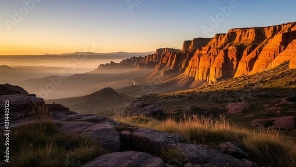 Fototapeta Serene forest landscape at sunrise with layers of mist covering rolling hills, casting golden light over dense evergreen trees