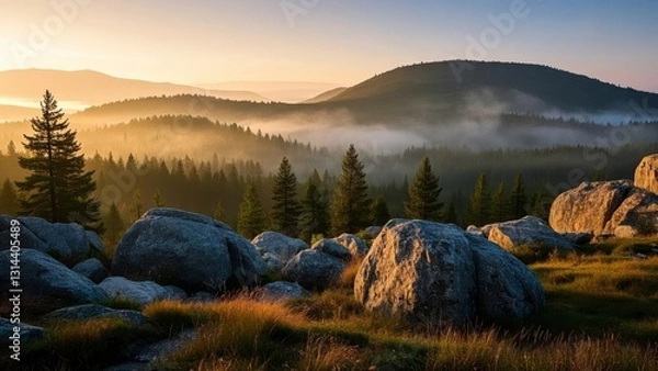 Fototapeta Serene forest landscape at sunrise with layers of mist covering rolling hills, casting golden light over dense evergreen trees
