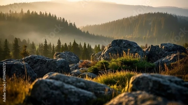 Fototapeta Serene forest landscape at sunrise with layers of mist covering rolling hills, casting golden light over dense evergreen trees