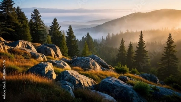 Fototapeta Serene forest landscape at sunrise with layers of mist covering rolling hills, casting golden light over dense evergreen trees