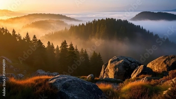Fototapeta Serene forest landscape at sunrise with layers of mist covering rolling hills, casting golden light over dense evergreen trees