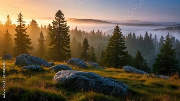 Fototapeta Serene forest landscape at sunrise with layers of mist covering rolling hills, casting golden light over dense evergreen trees