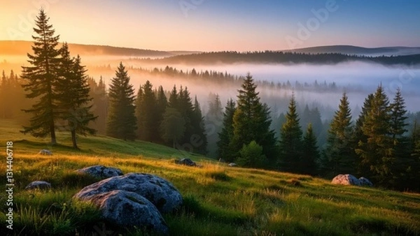 Fototapeta Serene forest landscape at sunrise with layers of mist covering rolling hills, casting golden light over dense evergreen trees