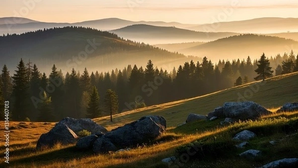 Fototapeta Serene forest landscape at sunrise with layers of mist covering rolling hills, casting golden light over dense evergreen trees