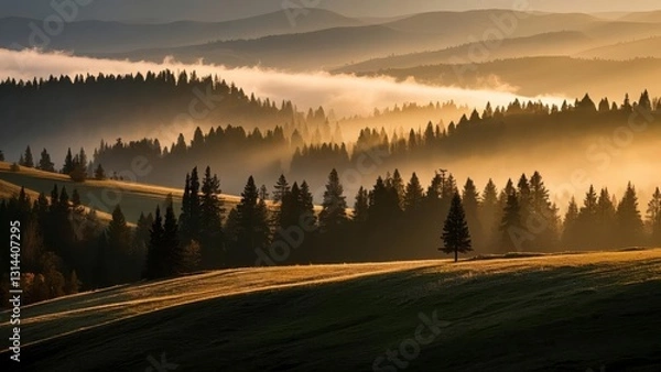 Fototapeta Serene forest landscape at sunrise with layers of mist covering rolling hills, casting golden light over dense evergreen trees