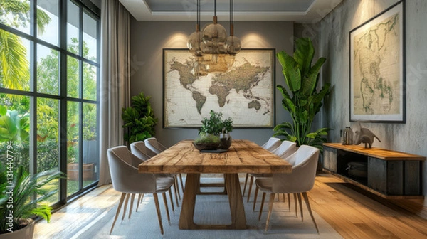Obraz A stylish dining room with botanical decor features a handcrafted wooden table, elegant chairs, lush greenery, a large window, and a decorative map poster, creating a cozy and modern home atmosphere