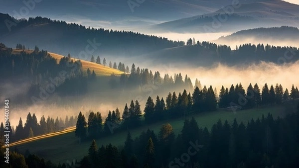 Fototapeta Serene forest landscape at sunrise with layers of mist covering rolling hills, casting golden light over dense evergreen trees