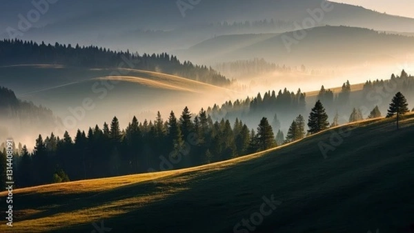 Fototapeta Serene forest landscape at sunrise with layers of mist covering rolling hills, casting golden light over dense evergreen trees