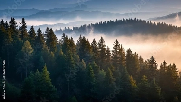 Fototapeta Serene forest landscape at sunrise with layers of mist covering rolling hills, casting golden light over dense evergreen trees