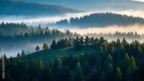Fototapeta Serene forest landscape at sunrise with layers of mist covering rolling hills, casting golden light over dense evergreen trees