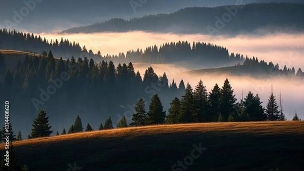 Fototapeta Serene forest landscape at sunrise with layers of mist covering rolling hills, casting golden light over dense evergreen trees
