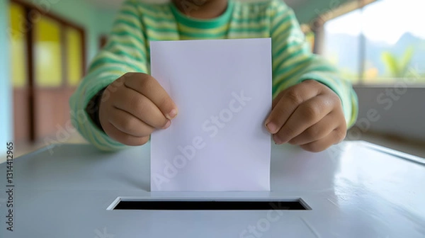 Obraz A child deposits a paper into a ballot box for voting