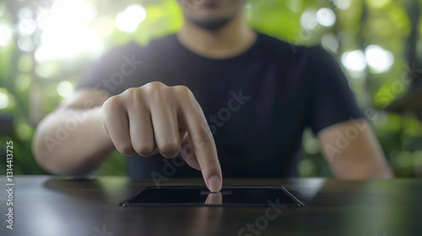 Obraz Person pressing a finger down on a flat surface device