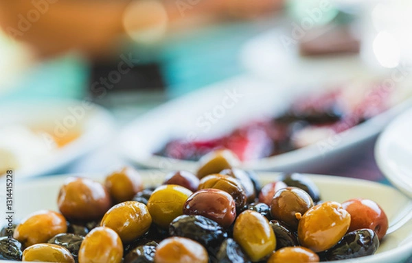Obraz Black and Yellow Olives on Breakfast Table