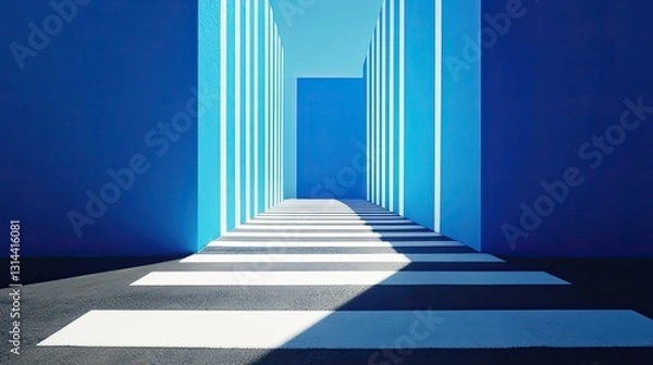 Fototapeta Geometric Abstraction, A Blue and White Striped Hallway Perspective