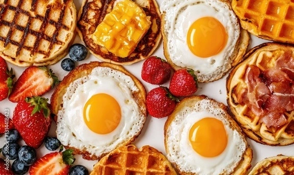 Fototapeta A delightful breakfast spread featuring waffles, eggs, strawberries, and bacon, perfect for any culinary enthusiast.