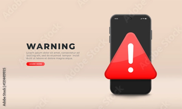Fototapeta Mobile phone fraud or malfunction warning banner, vector illustration. Protecting your device from threats. Smartphone with red warning sign.