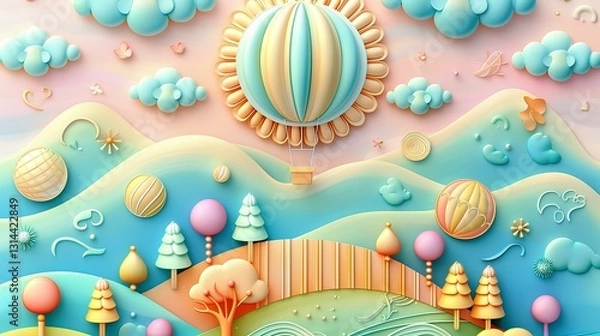 Fototapeta 3D embossed paper illustration of a sun, clouds, and a hot air balloon in the sky, with light orange hills and colourful trees below, against a light pink background