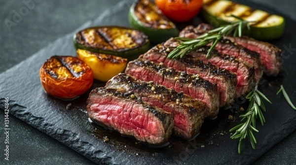 Obraz A sliced steak with a juicy pink center, neatly arranged on a dark slate plate with rosemary and grilled vegetables placed decoratively around it