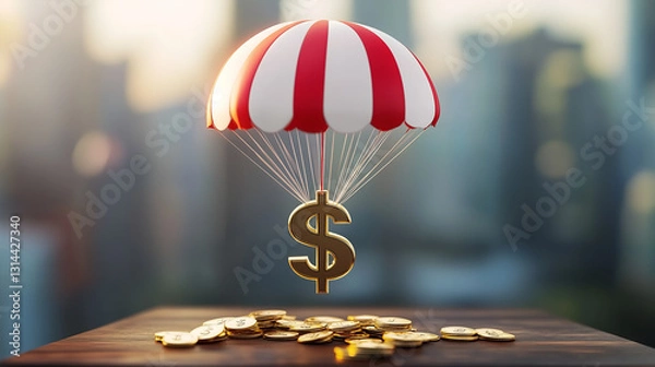 Fototapeta Wealth in Motion A Parachuted Dollar Descending to Success
