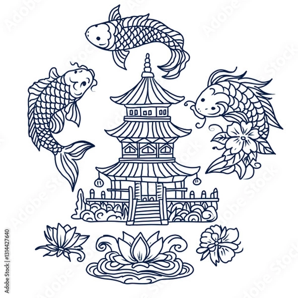 Fototapeta Hand drawn vector set of asian cultural symbols, koi fish, asian pagoda, flowers.