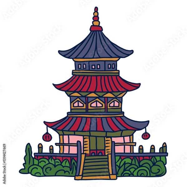 Fototapeta Hand drawn vector colorful illustration of asian pagoda.