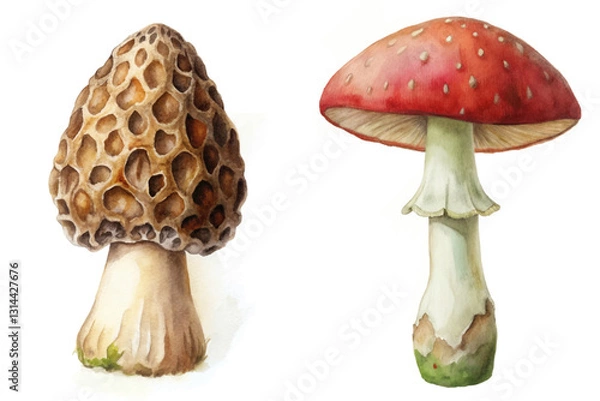 Fototapeta Detailed mushroom illustrations, realistic watercolor style, nature-inspired, botanical art, educational purpose, for culinary use.