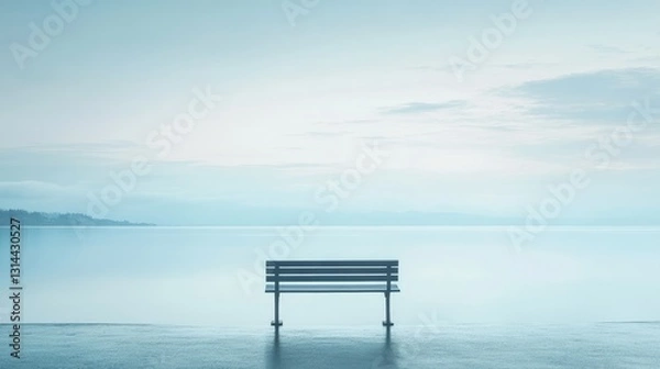 Fototapeta Tranquil Seascape with Empty Bench at Calm Shore Under Soft Blue Sky and Gentle Water Reflections for Serene Moments