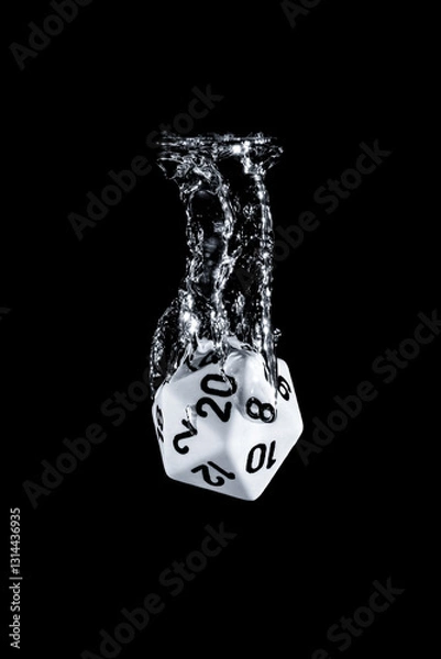 Fototapeta Splash photography of a 20 faces dice dropped in water with black background
