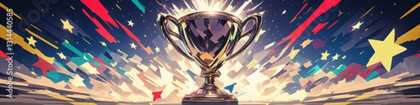Fototapeta golden trophy shines brightly with colorful starburst patterns in background, evoking sense of achievement and celebration.