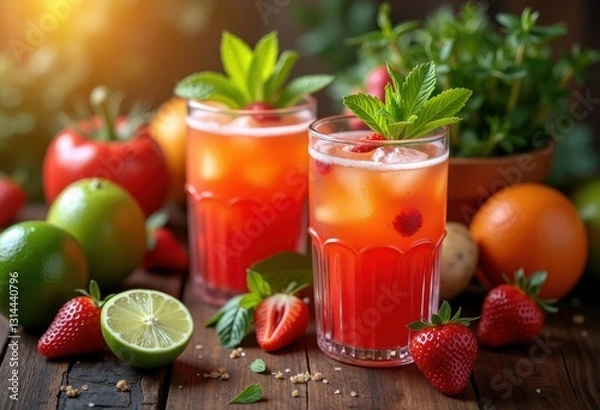 Fototapeta vibrant display colorful festive cocktail ingredients rustic wooden table surrounded fresh fruits herbs, beverages, glassware, shakers, ice, mint, lime, lemon