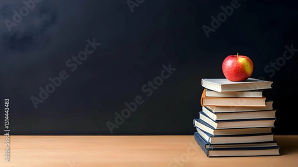 Fototapeta Stack Of Books With A Red Apple On A Wooden Table Against Dark Blackboard Background Back To School Concept