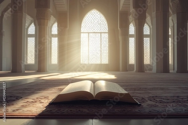 Obraz an open Quran on an Islamic prayer mat in the center, with soft sunlight streaming through arched windows onto it