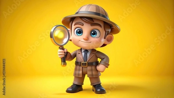 Fototapeta 3d cute cartoon detective isolate on yellow background. Generative AI