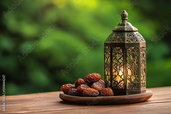 Obraz dates and a lantern on a wooden table with a green background, Ramadan concept