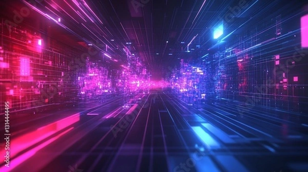 Fototapeta Futuristic digital tunnel, vibrant lights, speed, technology
