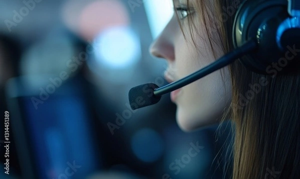 Fototapeta Friendly female helpline operator with headphones in call center