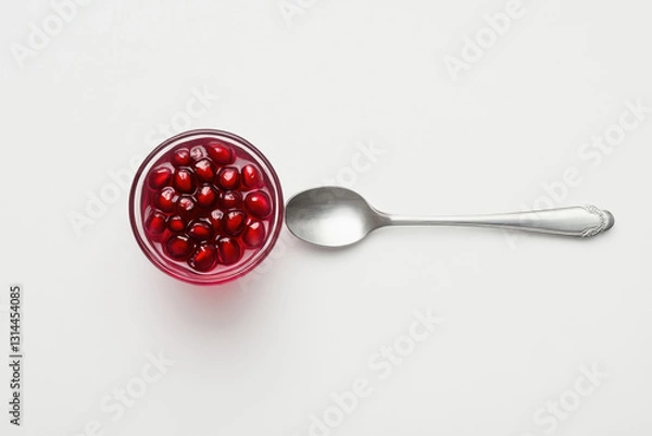 Fototapeta A glass bowl of fresh pomegranate seeds next to a silver spoon on a white background, showcasing vibrant red and shiny metallic colors.