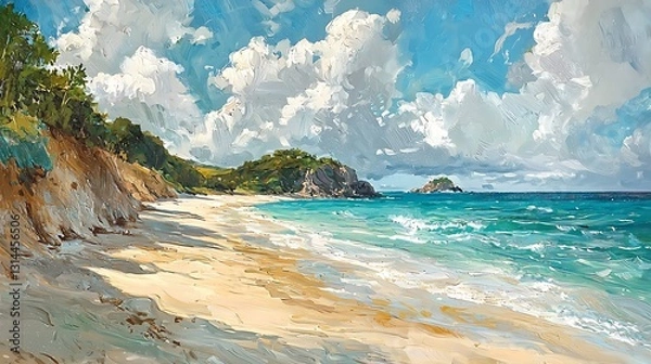 Fototapeta Serene Coastal Landscape Sandy Beach Turquoise Ocean Dramatic Cliffs and Fluffy Clouds