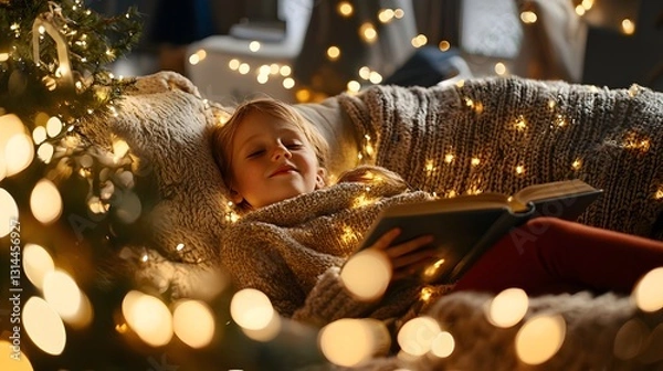 Fototapeta Child Reading a Book in Cozy Home with Warm Lighting