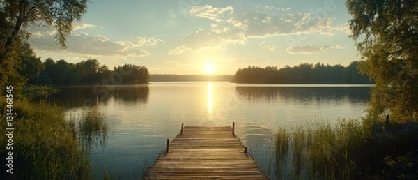 Fototapeta Serene lake landscape reflecting golden sunset light on tranquil water with wooden pier and lush green trees creating a peaceful nature scene