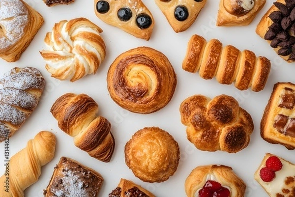 Fototapeta Delicious assortment of freshly baked pastries displayed elegantly on a rustic surface