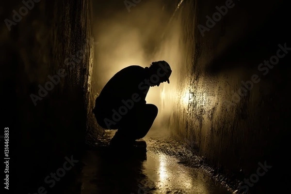 Fototapeta Silhouette of Worker in Dark Tunnel Surrounded by Mist and Shadows