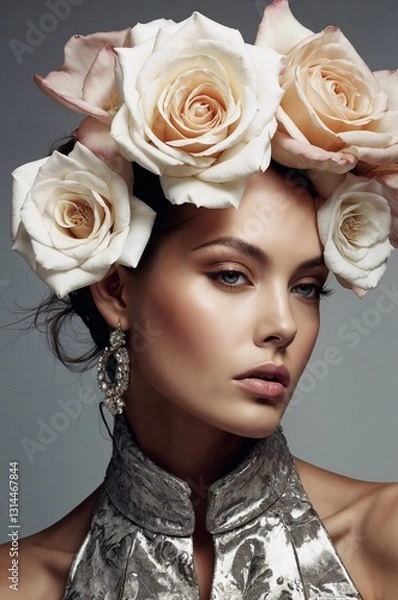 Fototapeta close-up of a model wearing an exquisite vintage-inspired outfit with a large, intricately designed hat and a high-collared blouse embellished. The ensemble showcasing a luxurious and sophisticated st