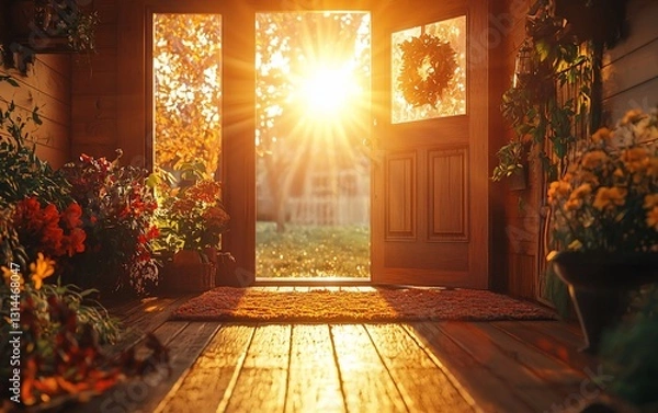Fototapeta Autumn sunlight streams through open front door