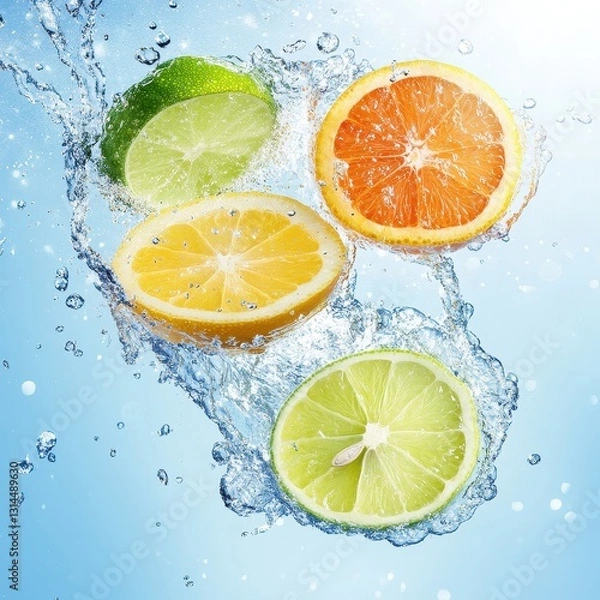 Fototapeta Colorful Citrus Slices Energizing Splash Into Clear Water.