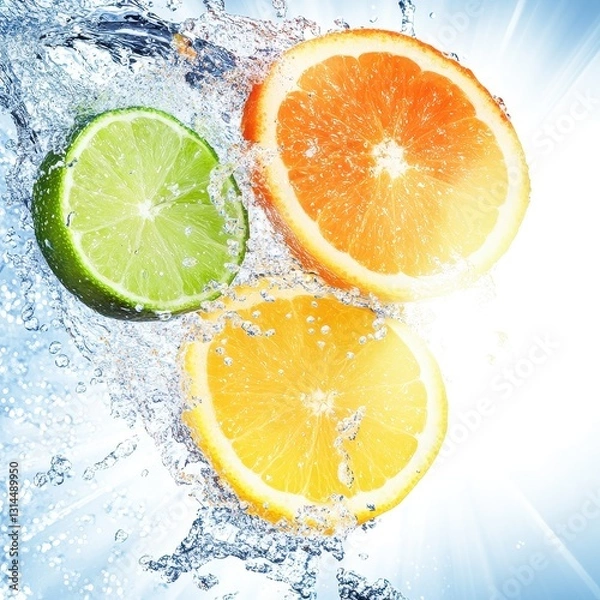Fototapeta Lime, Orange, Lemon Slices In A Sunny Splash