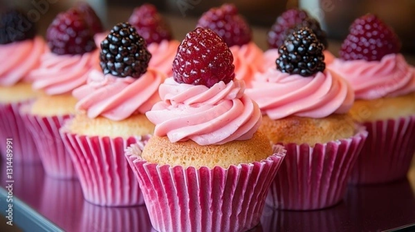 Obraz Delicious cupcakes topped with pink frosting and fresh blackberries.