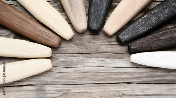 Fototapeta Wooden objects arranged in a circular pattern on a wooden surface