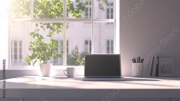 Fototapeta Minimalist workspace with a white desk, sleek laptop, and cup of coffee, bathed in sunlight pouring through a large window, creating long shadows and an inspired, focused atmosphere with clean design